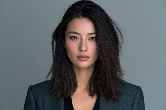 Head-and-shoulders portrait of a young Asian professional, poised and approachable in corporate attire