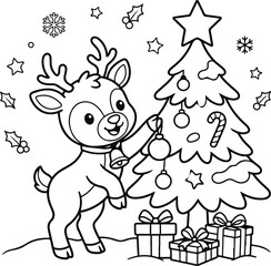 Naklejka premium Cute cartoon reindeer hanging an ornament on a christmas tree