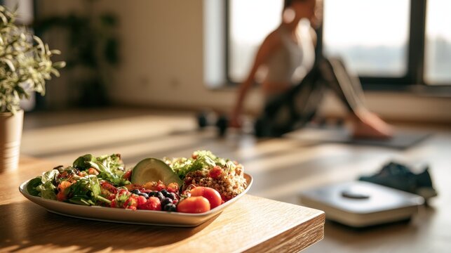 Heart shaped plate of colorful healthy foods beside gym gear in a bright wellness setting