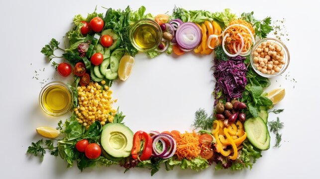 Healthy vegetarian salad ingredients arranged in a framed top-view layout on a pristine white table