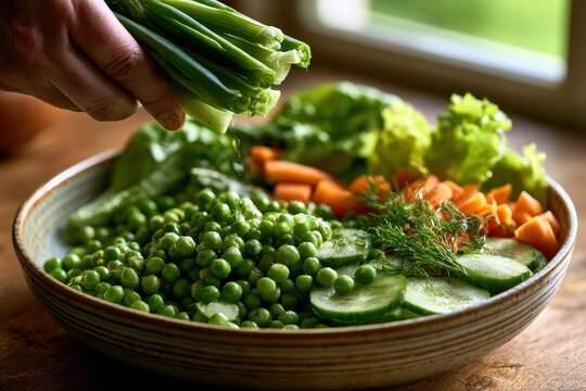 Healthy vegetarian prep: adding greens to a bowl of peas, cucumbers, carrots and dill
