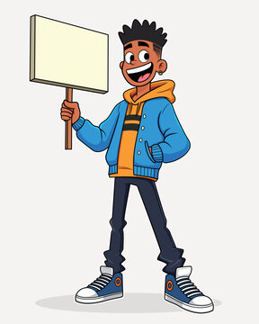 Cute Cartoon Boy Holding Blank Sign Board Vector Illustration