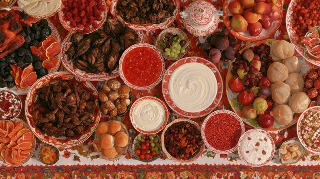 A grand dastarkhan prepared for a wedding, overflowing with meats, fruits, breads, and sweets