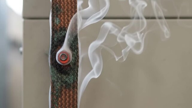 Grounding strap streaming white smoke from oxidized braided copper wire bolted to an electrical panel
