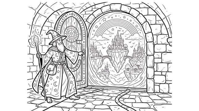Old wizard opening a magical stone portal revealing a floating fantasy castle kingdom with bridges and rainbows in a medieval stone chamber
