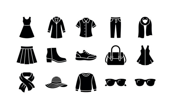 Seasonal Fashion Outfits, solid glyph icon set featuring dress, coat, blouse, trousers, skirt, boots, sneakers, handbag, scarf, sun hat, sweater and sunglasses, covering women's fashion, casual
