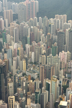Aerial view of the dense skyscrapers and high-rise residential buildings of Hong Kong Island in Hong Kong, Hong Kong Island, Hong Kong.