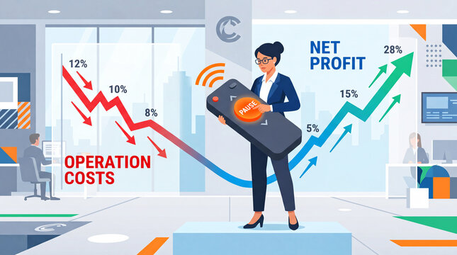 Businesswoman using a remote control to pause operation costs and increase net profit