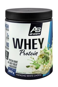 AS  All Stars Whey Protein Isolat Shake Pistachio White Choco Hintergrund transparent PNG cut out
