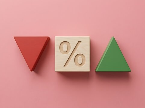 Minimalist wooden blocks displaying interest rate symbols