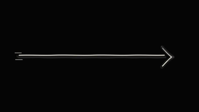 Minimalist hand drawn white line arrow pointing to the right direction isolated on black background