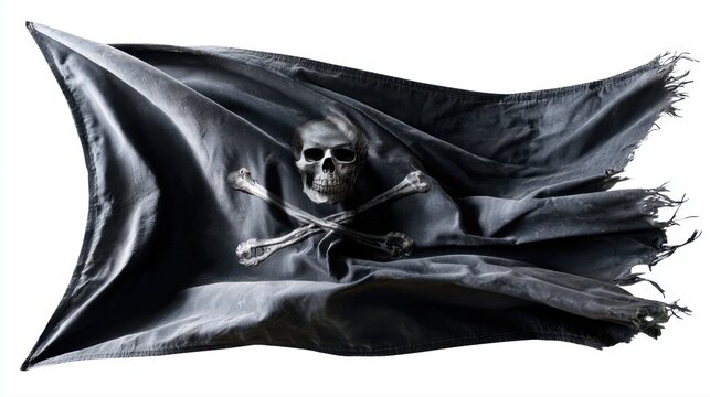 Tattered black pirate flag with skull and crossed bones symbol waving against a white background symbolizing danger and adventure on the high seas