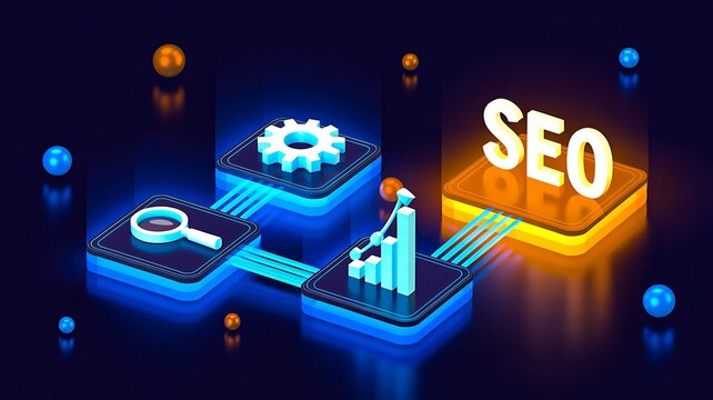 Search engine optimization concept with glowing digital analytics and online marketing tools