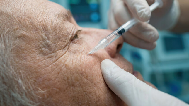 Close-up of a mature woman receiving an anti-aging cosmetic injection treatment for crow's feet wrinkles around the eye.