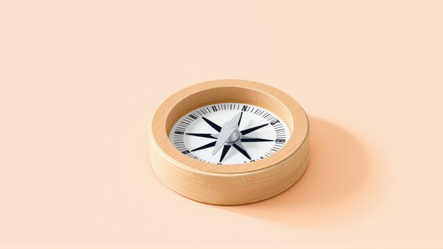Wooden compass rests upon soft peach surface. Navigation tool shows north, east, south, west directions. Simple design, minimal aesthetic.