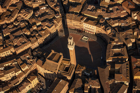 Aerial view of Piazza del Campo and the Torre del Mangia surrounded by historic terracotta rooftops in the medieval city center, Siena, Tuscany, Italy.
