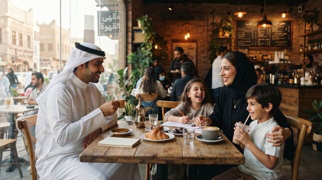 Happy Saudi family in traditional clothes drinking coffee and tea in cafe, father mother children together