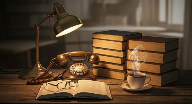 Stack of books, vintage rotary telephone, desk lamp, and steaming cup of coffee on wooden table