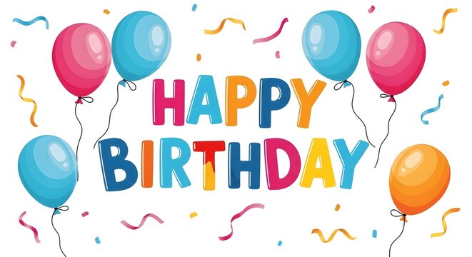 A festive and colorful happy birthday greeting card design featuring bright balloons and confetti isolated on a clean white background for your special celebration event