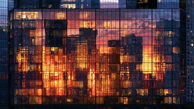 Skyscraper facade reflecting sunset city lights through glass panels