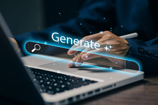 Business professional using a laptop with a virtual generate search interface, representing generative technology, digital content creation, online search, automation, and modern innovation.