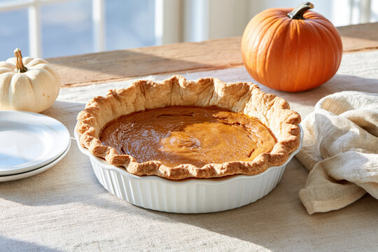 Homemade pumpkin pie on linen table with pumpkins and autumn sunlight for cozy Thanksgiving dessert