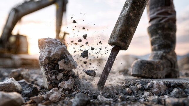 Dynamic action of a heavy engine breaker chisel fracturing rocks on a construction site with rugged worker boots in the background at sunset