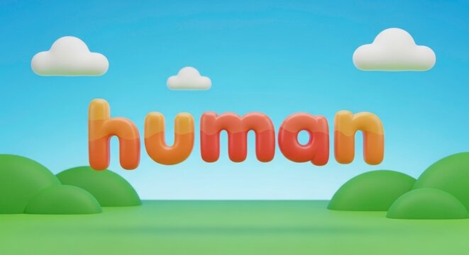3D render of the word human in gradient orange and red letters floating above green rolling hills