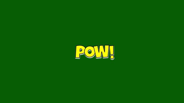 Pow word animation Comics speech bubbles with moving text. Pop art animation on green background.Cartoon style visual effect for hero stories.
