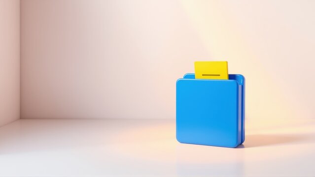 Blue folder with yellow card inserted. Minimalist studio setup, soft lighting, clean aesthetic. Simple composition, geometric shapes.