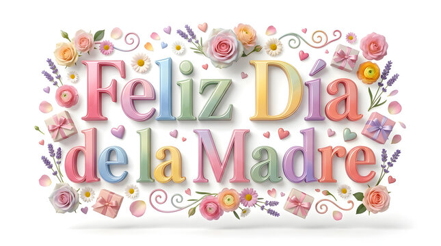 Colorful Feliz Dia de la Madre lettering decorated with spring flowers and small gift boxes to celebrate seasonal love and appreciation during this special holiday honoring mothers across the