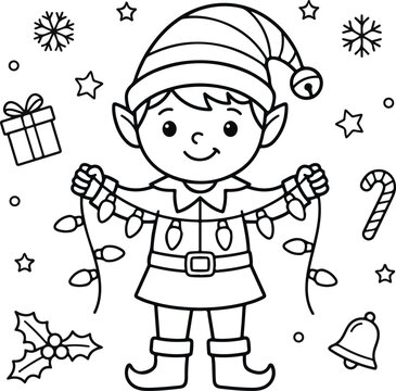 Cute christmas elf holding fairy lights with gift and bell, coloring page