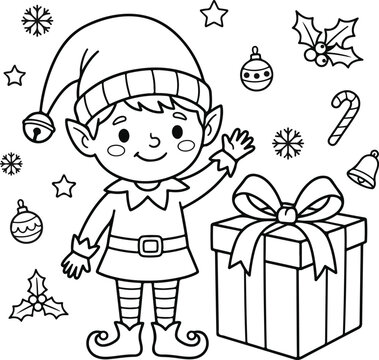 Christmas elf coloring page for kids with gift, candy cane, ornaments, and holly