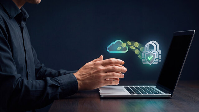 Cloud data backup and encryption concept, man at laptop with hologram of cloud sending coins into padlock shield with green check mark for secure storage, privacy and protected transfer