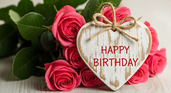 A beautiful bouquet of fresh pink roses arranged with a decorative heart shaped sign that features the text happy birthday for a special celebratory occasion