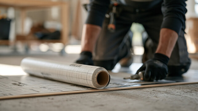 Close up of a self-adhesive uncoupling membrane being rolled across a concrete subfloor to protect against differential movement before large-format porcelain tile is set with