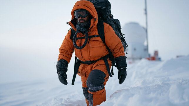 Antarctic expedition member trudging through deep snow in a heavy orange insulated jumpsuit, backpack strapped on, weather station equipment visible behind, white featureless