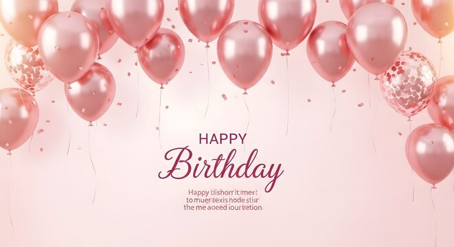 A beautiful festive background featuring shiny rose gold balloons and falling confetti with elegant typography for a happy birthday celebration greeting card or party invitation