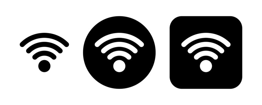Wi fi wireless internet connection icon set featuring network signal symbols in circle and rounded square styles for websites, mobile apps, routers, hotspots, connectivity and technology interfaces.