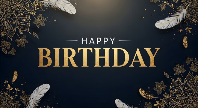A luxury dark background featuring elegant gold text that says happy birthday surrounded by beautiful white feathers and golden floral patterns for a sophisticated celebration