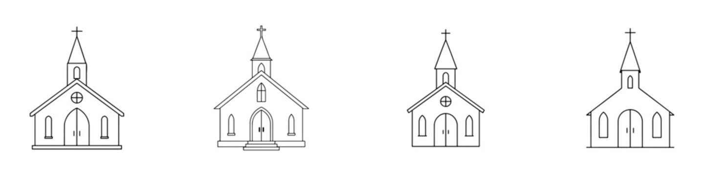 Elegant church line drawing with outline architecture and religious symbolism in a minimal vector design.
