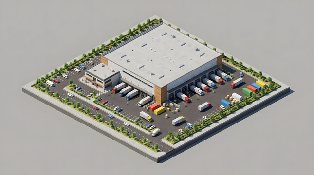 Isometric industrial warehouse with delivery trucks and parking lot.