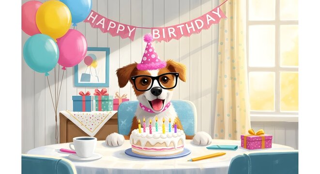 A cute dog wearing a pink party hat and black glasses sits at a table with a birthday cake and colorful balloons for a celebration