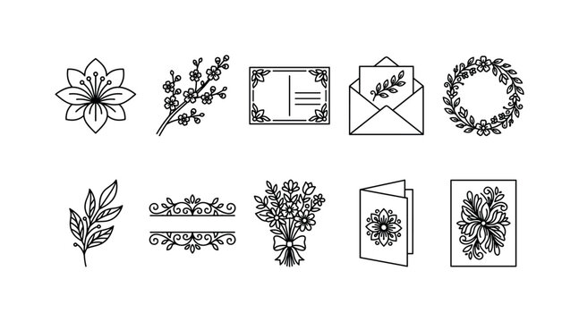 Floral Greeting Elements, line icon set featuring flower bloom, blossom branch, postcard frame, invitation envelope, floral wreath, leaf sprig, decorative border, bouquet and greeting card shape,