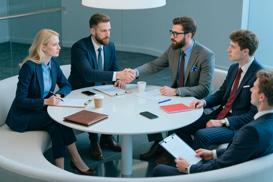 Business team conducting meeting, Caucasian businessmen shaking hands across table while Caucasian businesswoman taking notes, illustrating partnership for corporate deal marketing
