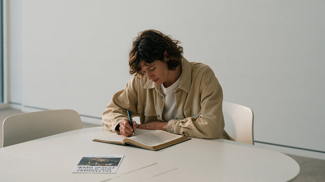 Language tutor leaning close to smell a musty old textbook for mold in a sterile white teaching studio, a wide shot revealing bare walls and two chairs, a Guy Fawkes Day leftover