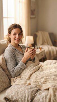 Woman Enjoying a Warm Beverage in a Cozy Bed Setting Embodying Pure Comfort and Peaceful Home Tranquility