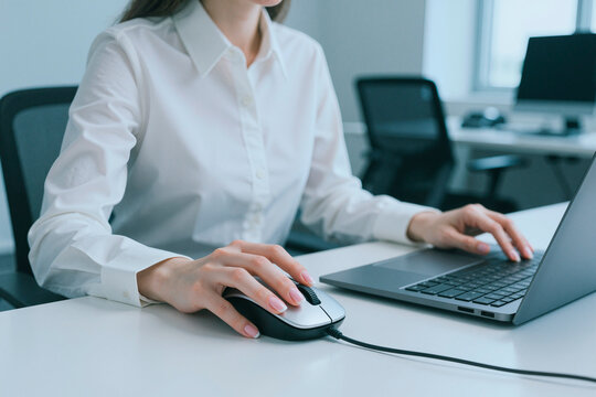 Close up of young adult woman working on laptop, using computer mouse at office desk, representing corporate productivity and digital workflow. Ideal for business, office, technology themes