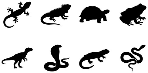 Obraz premium Reptile and Amphibian Silhouettes Collection: Lizard, Turtle, Frog, Dinosaur, Cobra, Snake Icons