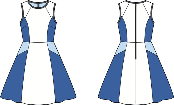Women&rsquo;s A-Line Panel Dress Technical Flat Front Back Vector